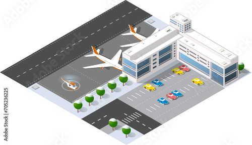Winter isometric airport terminal with aircraft, air terminal, hangars and transport