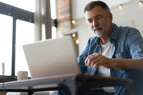 Senior man in casual clothing using laptop and smiling while sitting on the sofa, working from home. photo