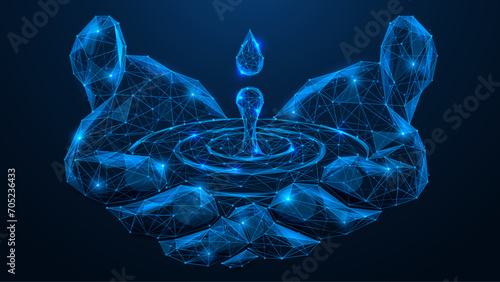 A drop of water falls into the palm of hand. Polygonal design of interconnected lines and dots. Blue background.