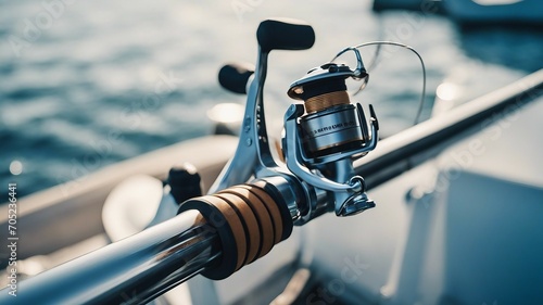 Closeup of fishing rod and reel on side of boat with blue sea in background   photo