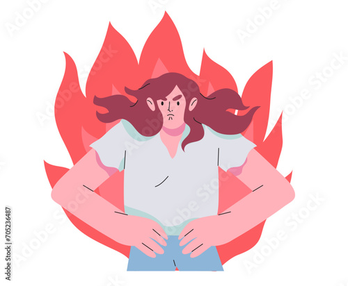 Portrait of young woman expressing anger, wrath, rage, fury. Angry, grumpy, irate or furious person in flames on fire isolated on white background. Character can not control negative emotions.