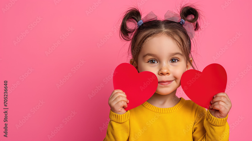 A girl with paper hearts on a pink background, Valentine's Day concept Valentine's Day all lovers day A girl with paper hearts on a pink background, Valentine's Day concept Valentine's Day all lovers day