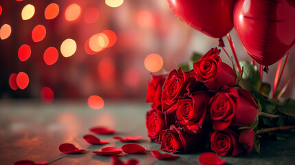 Valentines day background with red roses with a red balloon lying on a table with sparkles in the background