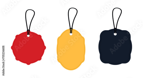 Vector set of blank price tags in various shapes forms, red, yellow and blue color isolated on white background. Collection of empty carton labels on cord. Paper discounts elements.Vector illustration photo