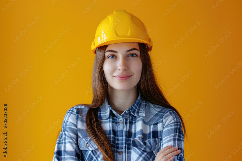 Portrait of a beautiful girl in a construction helmet on a coloured background