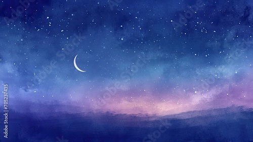 A serene, watercolor painting of a twilight sky, with stars beginning to appear and a crescent moon. 
