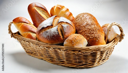 bread and rolls in wicker basket on white © William
