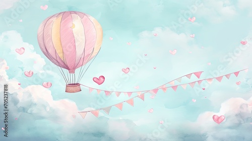 A whimsical watercolor illustration of a hot air balloon floating among fluffy clouds, with banners of hearts and ribbons. Happy Valentines. 