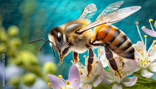 a stunning bee is flying on background macro incredible pollinator generative ai