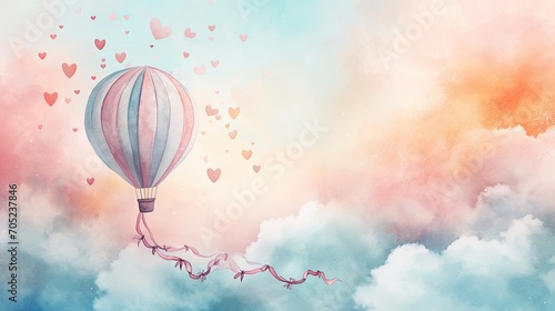 A whimsical watercolor illustration of a hot air balloon floating among fluffy clouds, with banners of hearts and ribbons. Valentine card.  photo