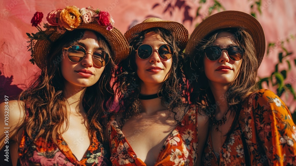 Obraz premium Happy wonderful girls posing in summer vibe. Girl power concept