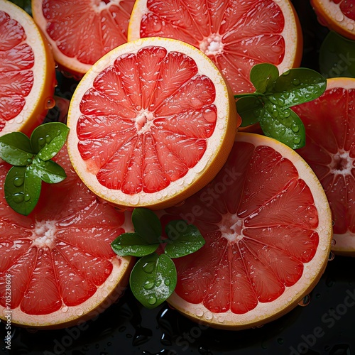 Red grapefruit with planets background. Top view  close up.