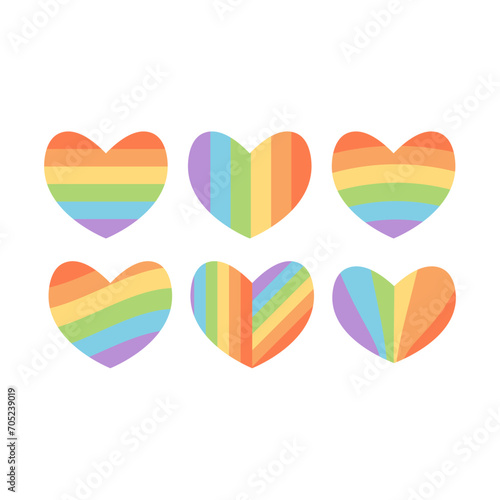 Set of colorful hearts, rainbow symbols of love. Vector illustration of lgbtq icons, striped shapes, pride month symbol, diversity and gender equality