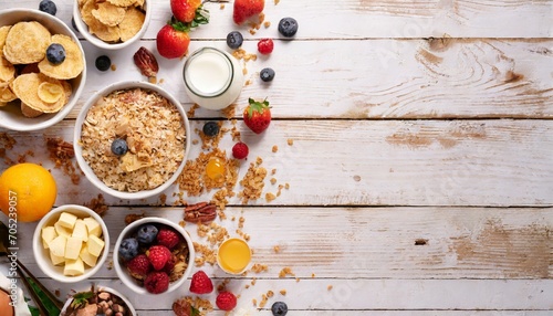 cereal and ingredients for a healthy breakfast forming a side border over a white wood background top view copy space photo