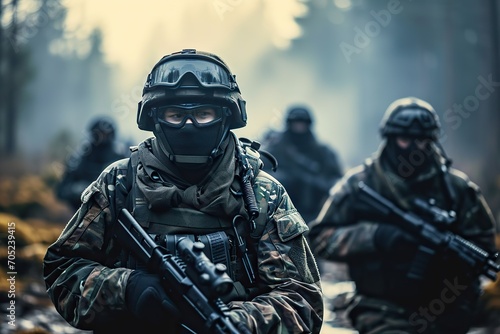 Stealth in the Wilderness Fully Equipped Soldiers Execute Reconnaissance Military Operation, Rifles at the Ready in a Compelling War Concept. created with Generative AI © photobuay
