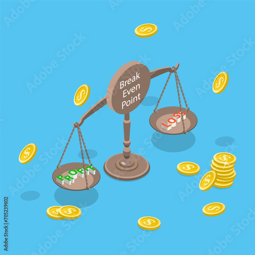3D Isometric Flat Vector Illustration of Break Even Point, Experience Neither Profit nor Loss
