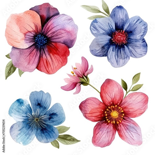 Set watercolor flowers. Different types 4 flowers. four flowers isolated, flat watercolor clipart set with white background . soft pastel color © megavectors