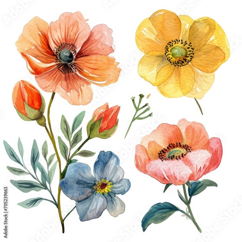 Wallpaper Mural Set watercolor flowers. Different types 4 flowers. four flowers isolated, flat watercolor clipart set with white background . soft pastel color Torontodigital.ca