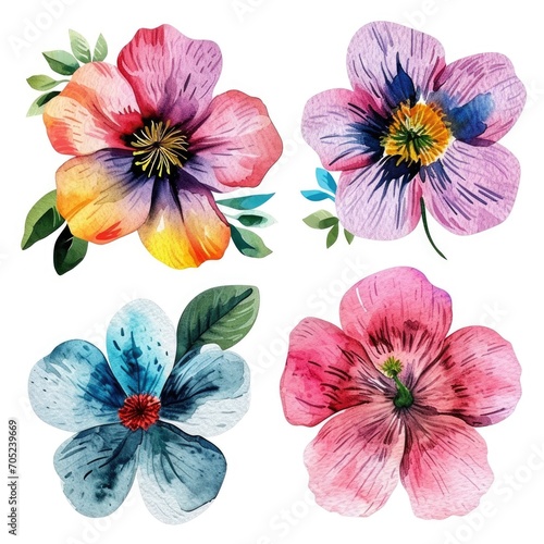 Set watercolor flowers. Different types 4 flowers. four flowers isolated  flat watercolor clipart set with white background . soft pastel color