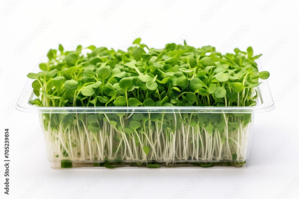 Organic Greens in Transparent Box. Lush microgreens housed in a container. Suitable for culinary and dietary use. Isolated on white background. Organic Greens in Transparent Box. Lush microgreens housed in a container. Suitable for culinary and dietary use. Isolated on white background.