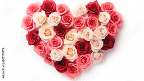 Floral Heart. Pink, red and white roses arranged in heart shape isolated on a white background. Ideal for Valentines Day, anniversaries, or romantic occasions.