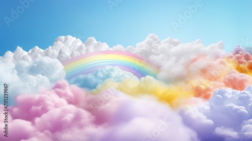 Delicate rainbow clouds of pink, purple, blue, red colors. Abstract beautiful sky background. Colorful Cloudscape. Copy Space. Ideal for creative designs, wallpapers, posters, ads, banners