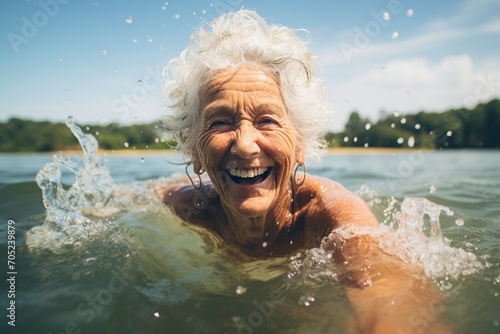 happy older woman bathing on the beach