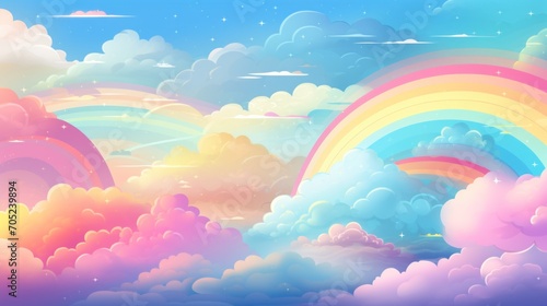 Rainbow clouds of pink, purple, turquoise, blue, yellow colors with rainbow. Illustration. Abstract beautiful sky background. Copy Space. Perfect for designs, wallpapers, posters, ads, banners