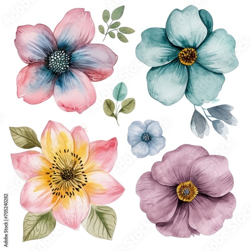 Set watercolor flowers. Different types 4 flowers. four flowers isolated  flat watercolor clipart set with white background . soft pastel color