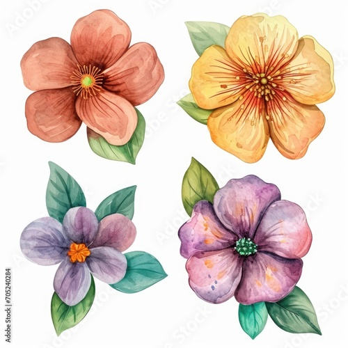 Set watercolor flowers. Different types 4 flowers. four flowers isolated, flat watercolor clipart set with white background . soft pastel color