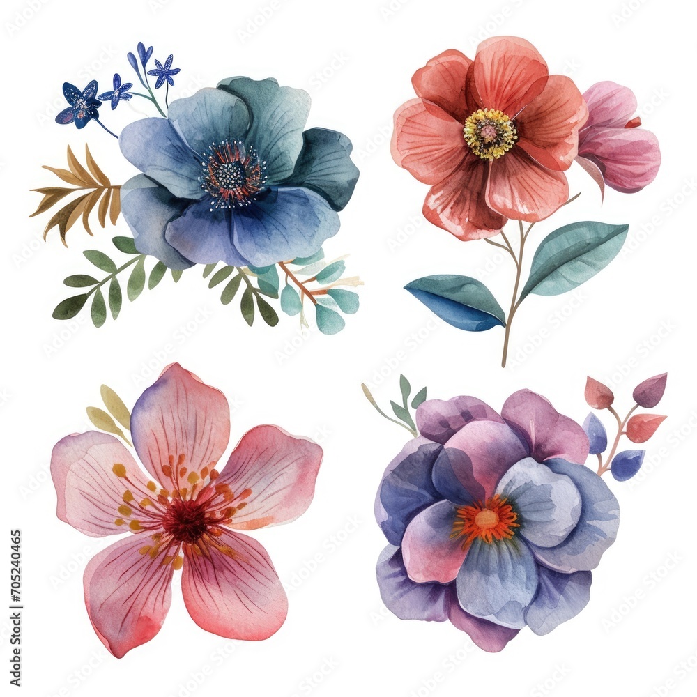 Set watercolor flowers. Different types 4 flowers. four flowers isolated, flat watercolor clipart set with white background . soft pastel color