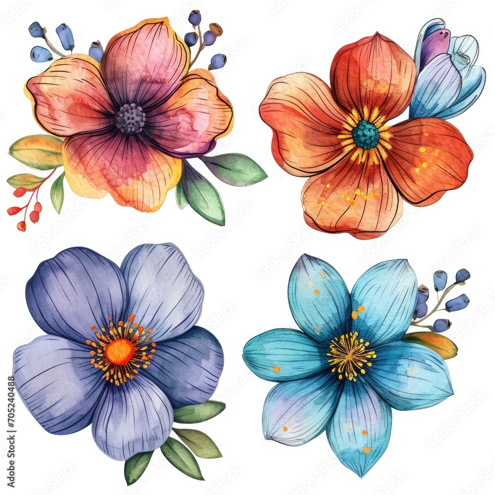 custom made wallpaper toronto digitalSet watercolor flowers. Different types 4 flowers. four flowers isolated, flat watercolor clipart set with white background . soft pastel color