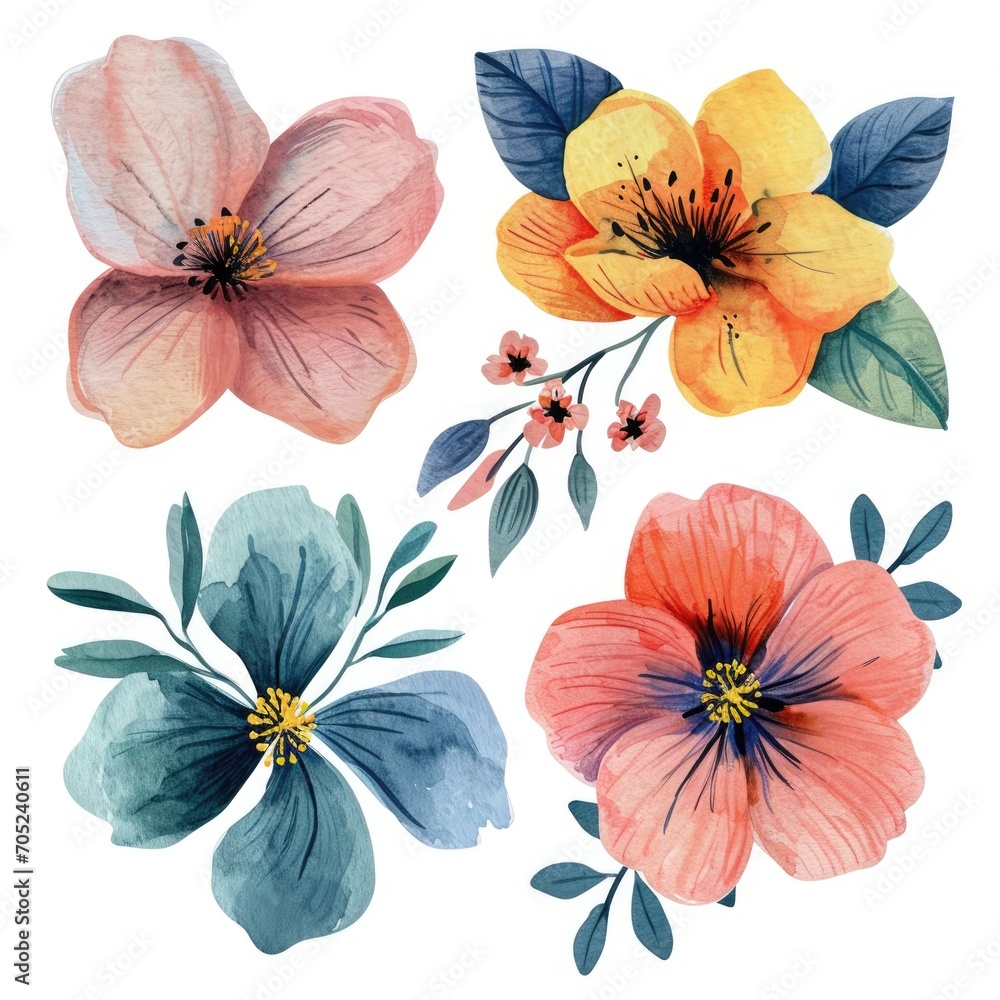 custom made wallpaper toronto digitalSet watercolor flowers. Different types 4 flowers. four flowers isolated, flat watercolor clipart set with white background . soft pastel color