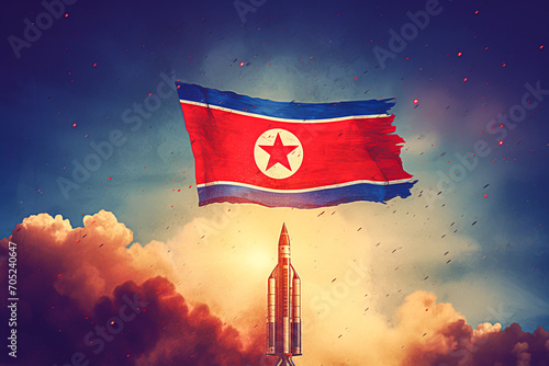 Concept illustration of the North Korean flag and ballistic missile. War and peace, socialism, threat to democracy, interstate tensions, challenge to international community concept. photo