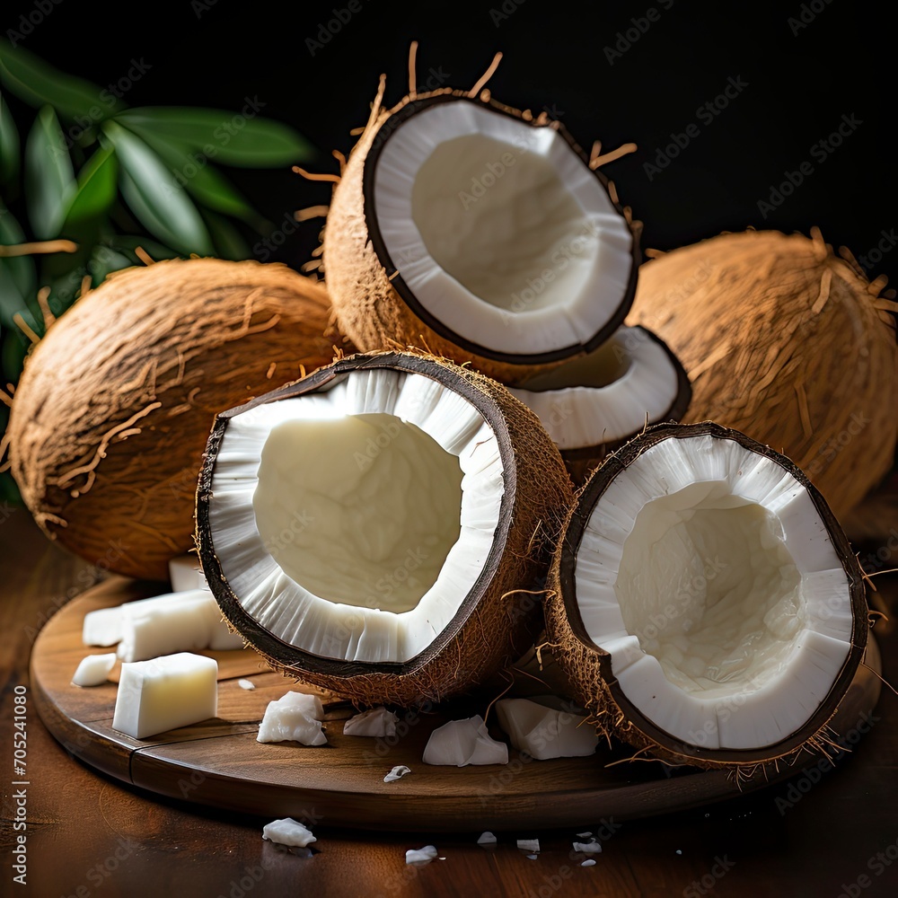 Set of fresh whole and half coconut and slices isolated on white background
