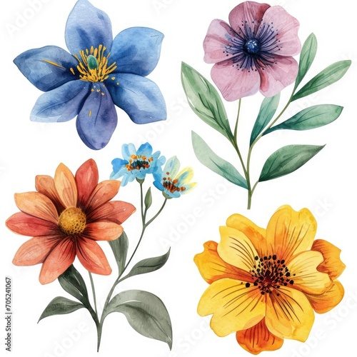 Set watercolor flowers. Different types 4 flowers. four flowers isolated, flat watercolor clipart set with white background . soft pastel color © megavectors