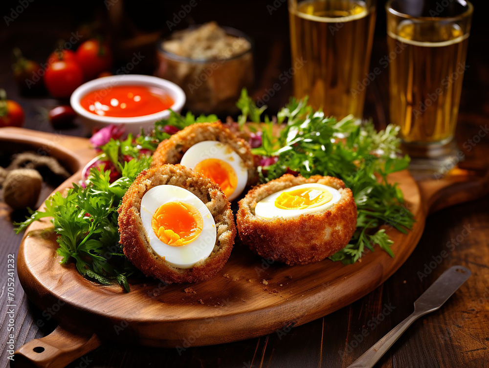 Traditional Scotch eggs cut in half on wooden tray served with vegetables. Traditional Scotch eggs cut in half on wooden tray served with vegetables.