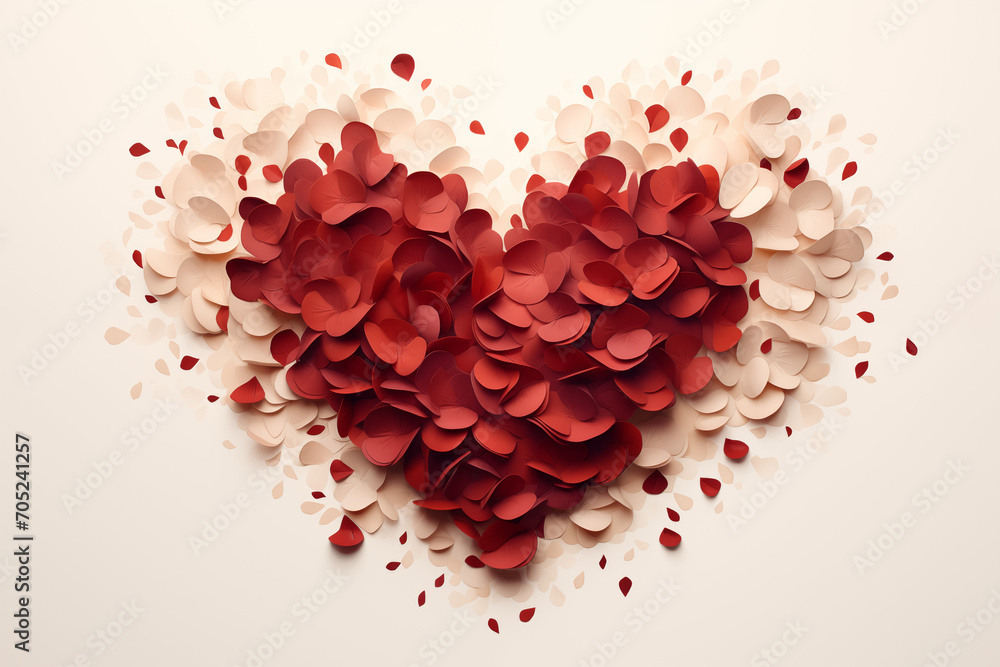 An abstract heart composed of a gradient of paper petals ranging from white to deep red, creating a visually stunning symbol of love's depth and complexity.
An abstract heart composed of a gradient of paper petals ranging from white to deep red, creating a visually stunning symbol of love's depth and complexity.