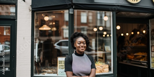 Portrait of a young African-American woman standing in front of a bakery photo