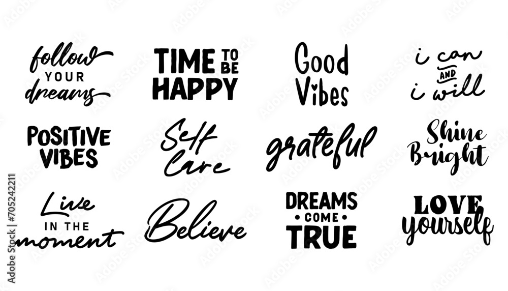 Fototapeta premium Motivational quotes bundle. Inspiration and good vibes set of typographic designs.