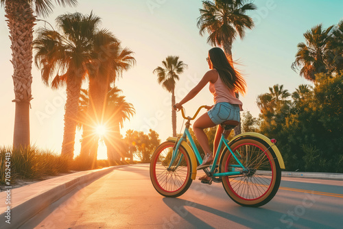 A girl riding a colorful beach cruiser bike along a palm tree-lined boardwalk, with the sun setting behind her photo