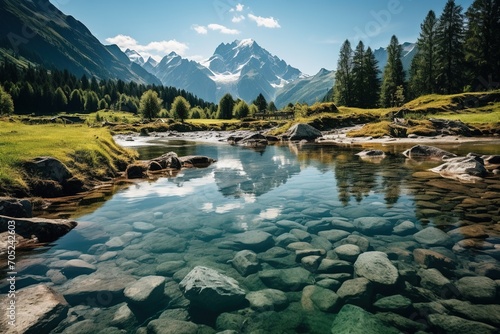 Stunning mountain river landscape with crystal clear water