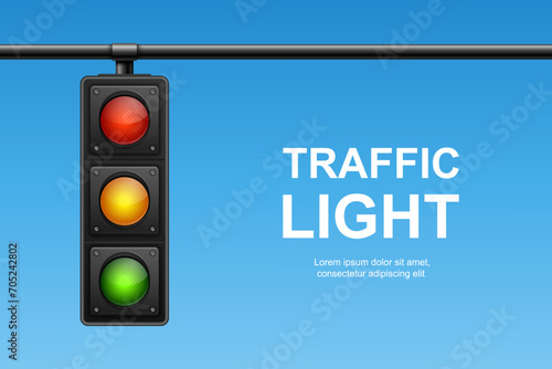 Vector Banner with 3d Realistic Detailed Road Traffic Lights on Blu Sky Background. Safety Rules Concept, Design Template. Stoplight, Traffic Lights Template