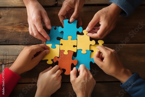 Diverse hands holding puzzle pieces photo