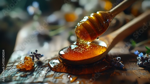 Honey dripping from a wooden honey dipper on a wooden background