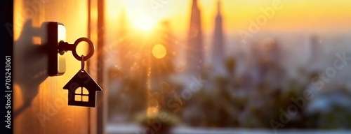 Sunset view through a window with a hanging key with house shaped keychain in door lock, urban skyline in the distance. Modern city background. Real estate concept, moving home or renting property. photo