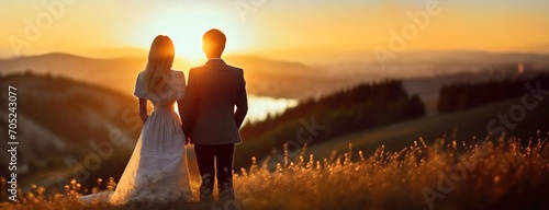A couple gazes into the sunset on a hill, a celebration of family unity. Woman and man stand hand-in-hand, overlooking a valley, their silhouette a testament to familial bonds, moment of wonder. photo
