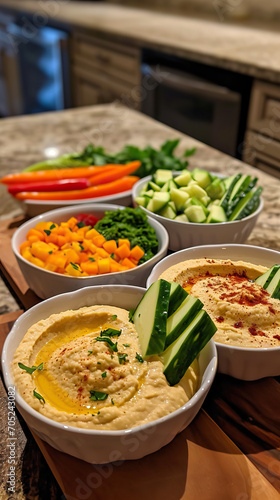 Bowls of Various Flavored Hummus Accompanied by an Array of Raw Vegetables, Perfect for a Colorful and Healthy Dipping Experience