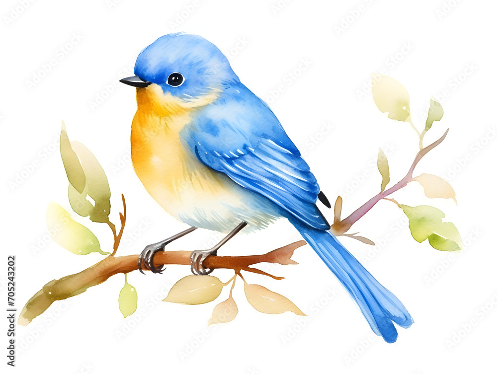Watercolor illustration of cute little blue bird on white background 