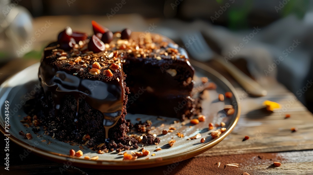 Chocolate cake with chocolate glaze and nuts on a plate.
